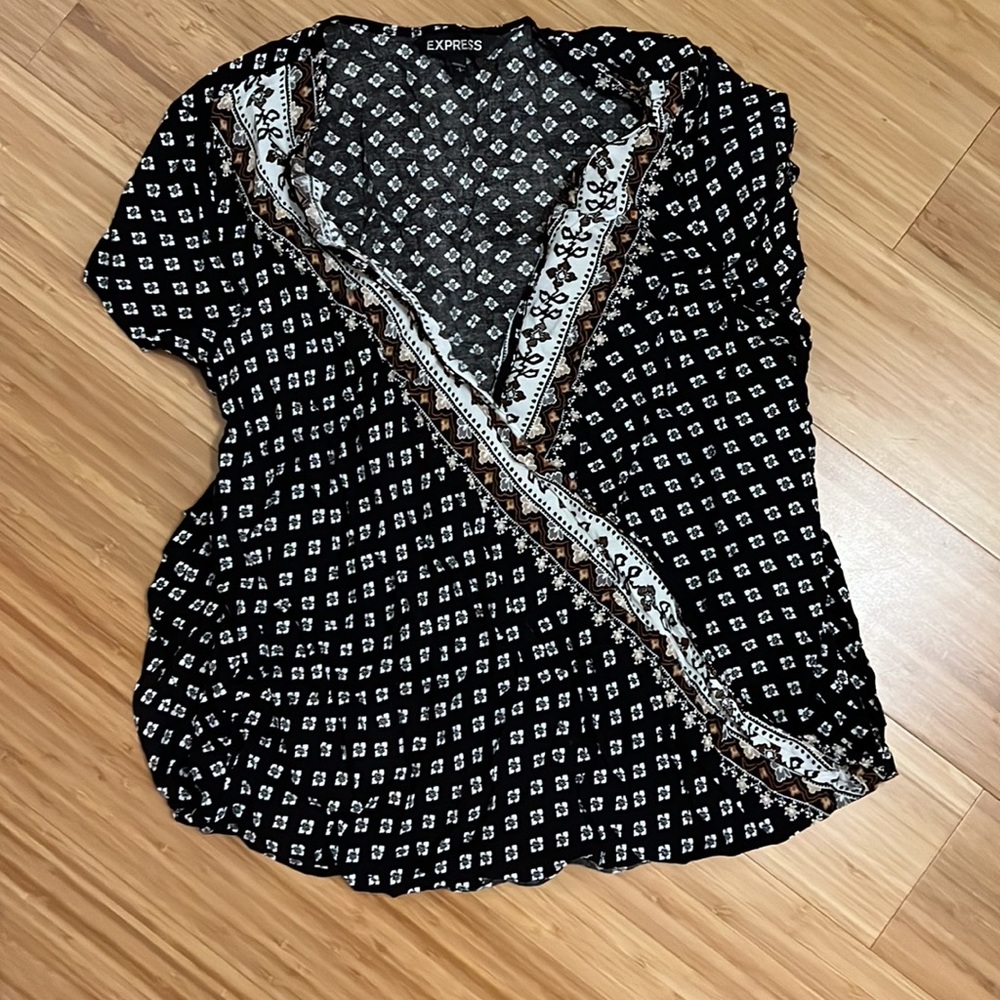 Express top blouse v neck wrap low high hem S
